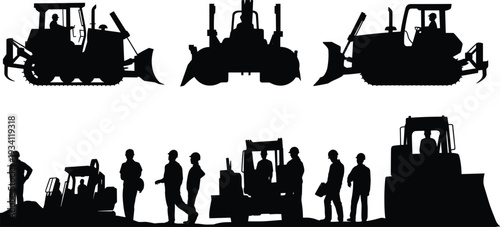 Heavy construction machinery and worker silhouettes set, bulldozer loader excavator vehicles with operators, industrial vector illustration isolated on white background for engineering projects