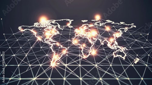 Digital world map with illuminated connections and nodes, showcasing a network of global communication and data flow across continents and regions