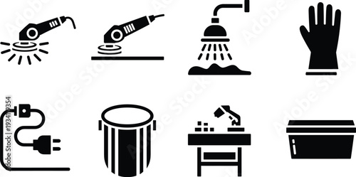 Industrial equipment and safety tool icons set, welding grinder shower glove plug bucket vector illustration isolated on white background for construction concept
