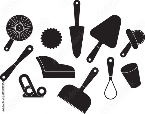 Black silhouettes of various trowels and tools on white background
