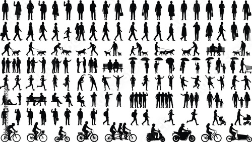 Large set of people silhouettes in various daily activities including walking, running, cycling, families and social interaction isolated on white background