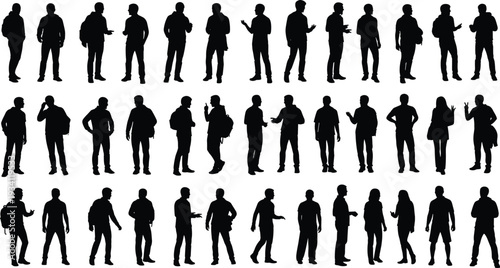 Standing people silhouettes collection, diverse human figures vector illustration, casual and business attire icon design, posture artwork, group crowd graphic