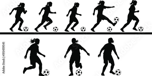 Soccer player silhouettes running, dribbling, kicking ball, dynamic sports vector illustration, athletic motion sequence, competitive game design, energetic football art graphics