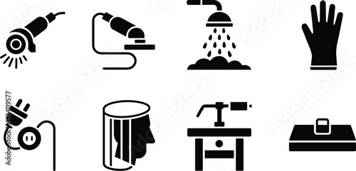 Industrial tools and safety equipment icons collection, grinder soldering iron shower glove toolbox vector illustration isolated on white background for workshop concept