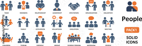 People solid icons set, teamwork leadership organization volunteer family meeting relationship vector collection isolated on white