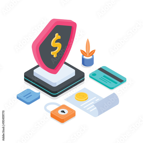 Beautifully designed isometric illustration of financial security shield.
