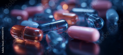 Variety of pill capsule. Generative AI technology.