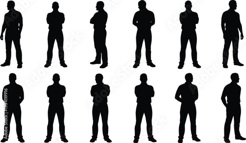 Standing people silhouettes in varied poses, diverse human vector illustration, posture variations for design, animation, character modeling, and creative projects