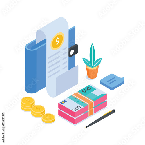 Premium isometric illustration of financial management concept.