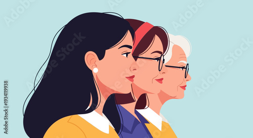 Three Generations of Women in Profile: Diverse Ages, Unity, and Female Empowerment