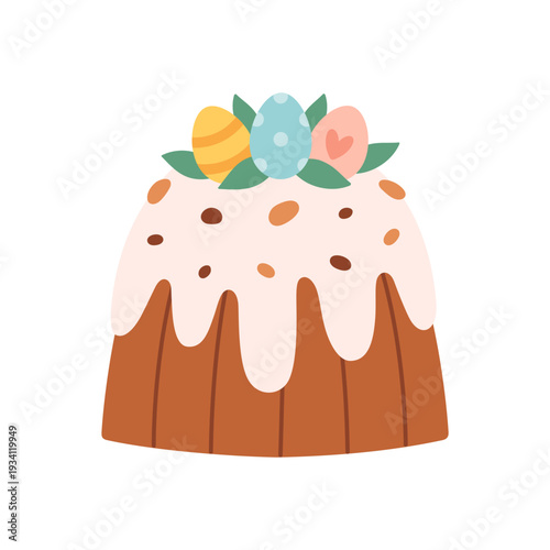 Cute Easter cake decorated with colorful eggs, leaves, chocolate chips. Happy Easter. Flat vector illustration