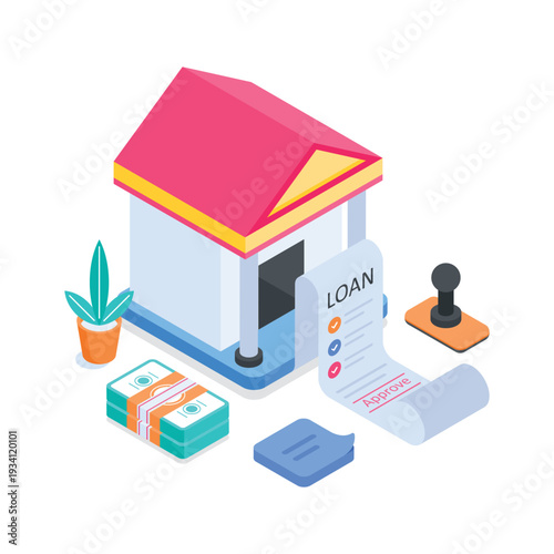 Easy to edit isometric illustration of loan approval, ready for premium use