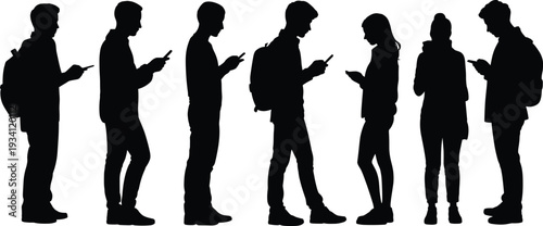 Smartphone users silhouette collection, young men and women with backpacks texting isolated on white background