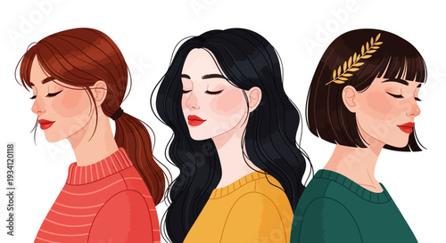 Three Diverse Women Illustration: Serene Faces, Female Beauty, Friendship, and Inner Peace Vector Art