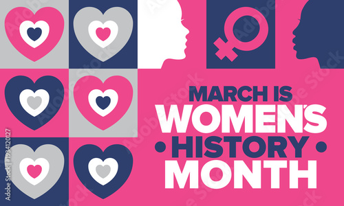 Women's History Month. The annual month that highlights the contributions of women to events in history. Celebrated during March in the United States, the United Kingdom, and Australia. Vector poster