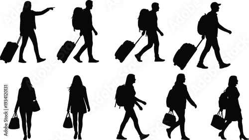 Traveler silhouettes illustration, people walking with luggage, airport transit figures, journey icons, vector design, black human travel elements