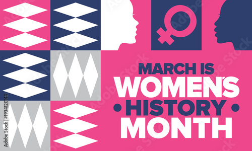 Women's History Month. The annual month that highlights the contributions of women to events in history. Celebrated during March in the United States, the United Kingdom, and Australia. Vector poster