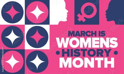 Women's History Month. The annual month that highlights the contributions of women to events in history. Celebrated during March in the United States, the United Kingdom, and Australia. Vector poster