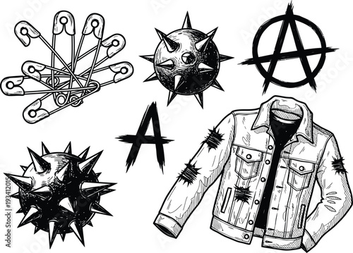 Set of 6 punk rock elements vector