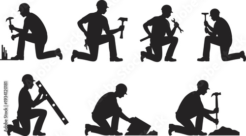 Kneeling construction worker silhouettes set with hammer and wrench tools, industrial builder vector illustration isolated on white background for maintenance concept