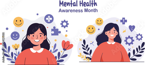 Mental health awareness month illustration with smiling woman and colorful icons