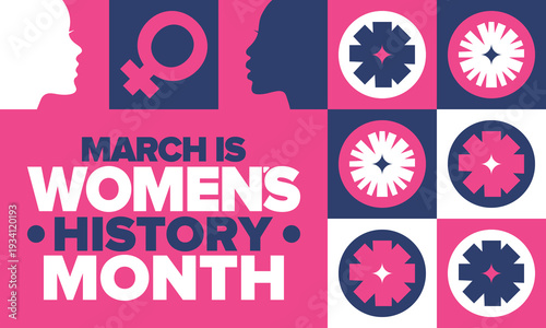 Women's History Month. The annual month that highlights the contributions of women to events in history. Celebrated during March in the United States, the United Kingdom, and Australia. Vector poster