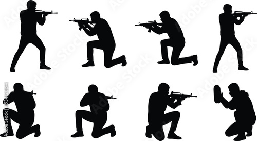 Tactical shooter silhouettes, military training stances, rifle combat positions, defensive shield posture, armed forces vector illustration, law enforcement action figures