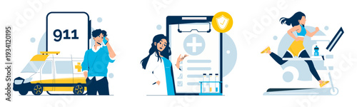 Emergency Call, Medical Consultation, Fitness Running Vector