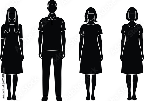 Black silhouettes of two women and two men in simple clothing on a white background people woman