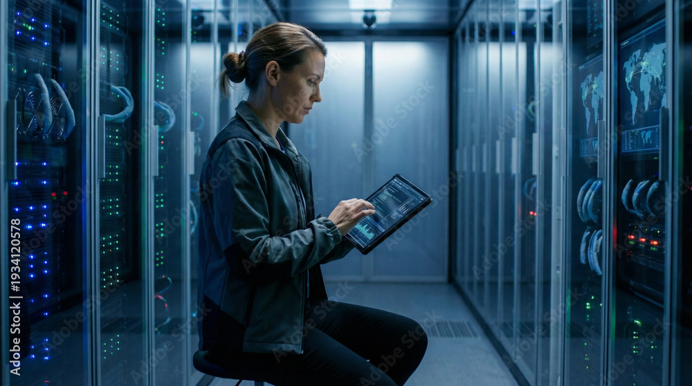 Fototapeta premium Female engineer Monitoring racks of servers in modern data center. enterprise IT operations, network management, cybersecurity and digital infrastructure in secure high-tech environment.