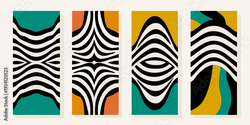 Four panels displaying vibrant swirling optical illusion designs in varying colors