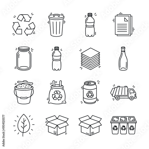Collection of hand-drawn icons representing recycling and waste management concepts