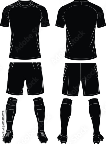 Black soccer uniform front and back view with cleats and shin guards on white football jersey