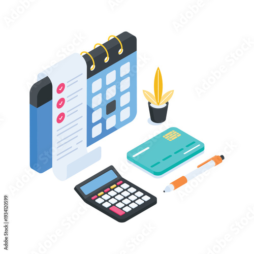 Modern isometric illustration of financial schedule planning system.