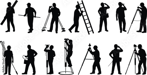 Land surveyor and construction engineer silhouettes collection, workers with ladder and tripod instruments, civil engineering workforce vector illustration isolated on white background
