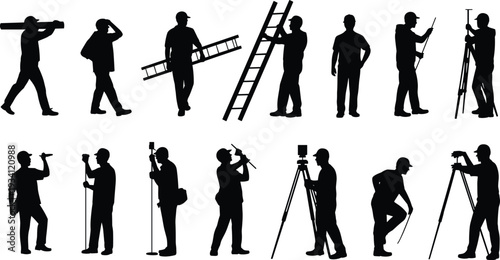 Surveyor and construction worker silhouettes set, engineers with ladder and tripod equipment, land surveying workforce vector illustration isolated on white background