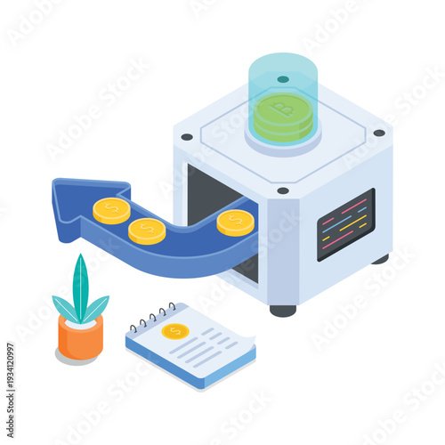 A visually engaging isometric illustration of bitcoin mining