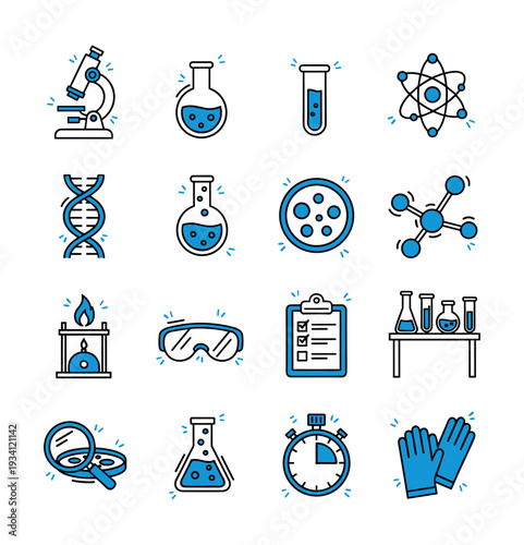 Collection of science and laboratory icons with blue and black outlines on a white background