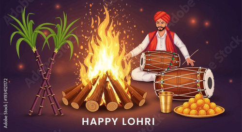 Happy Lohri Festival Celebration Illustration with Bonfire, Dhol Player, Sugarcane & Traditional Sweets