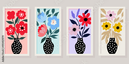 Four botanical art prints featuring stylized flowers in vases