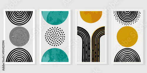 Minimalist art prints featuring abstract geometric shapes and contrasting colors