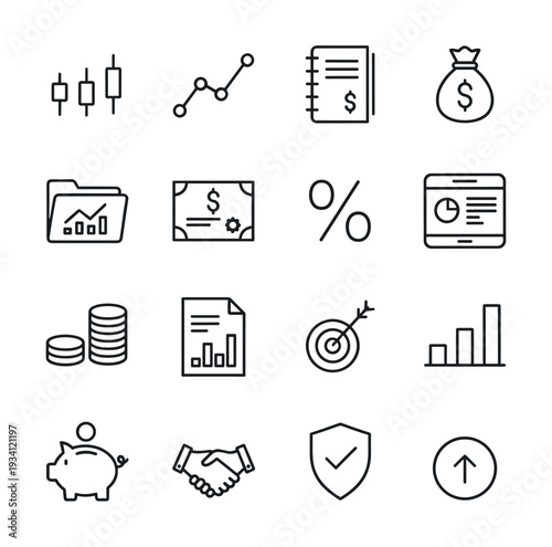 Collection of financial and business icons representing growth, investment, and success