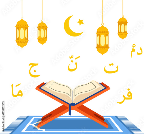 Holy Quran with Prayer Rug, Crescent Moon, Lanterns, and Arabic Letters, Spiritual and Religious Illustration for Islamic Practices and Celebrations