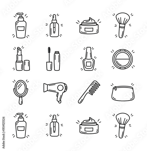 Collection of hand-drawn beauty and cosmetic icons for personal care routines