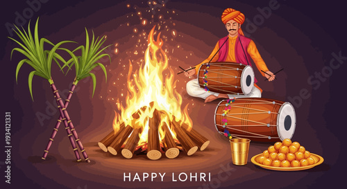 Lohri Festival Bonfire Celebration with Traditional Dhol Player, Sugarcane & Ladoo