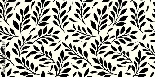 Elegant seamless pattern of black leaves and delicate branching stems
