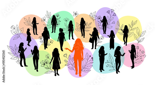 Empowered Women & Leadership: Diverse Female Silhouettes with Vibrant Orange Leader in Floral Pastel Community