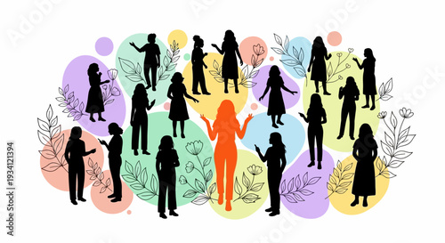 Empowered Diverse Women Community with Orange Leader Silhouette, Floral Abstract Background - Social Networking & Teamwork Illustration