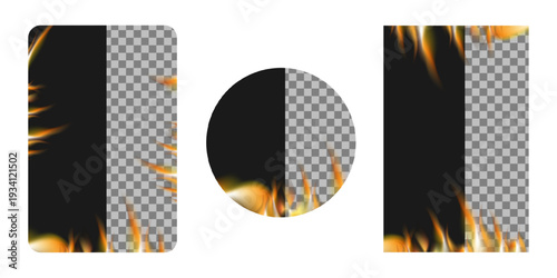Fire frame templates for social media stories and posts. Burning flame borders with transparent and black background mockup