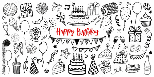 Hand drawn birthday doodles featuring cakes gifts balloons and celebratory elements
